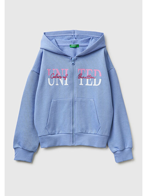 United Colors Of Benetton Kız Çocuk Havacı Mavi Simli Logolu Fermuarlı Cepli Kapüşonlu Yüksek Yaka Sweatshirt