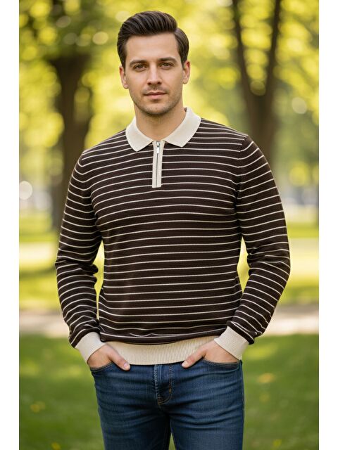 Mishar İtalia Erkek Polo Yaka Yarım Fermuarlı Çizgi Desenli Triko Kazak - S000491490-19413