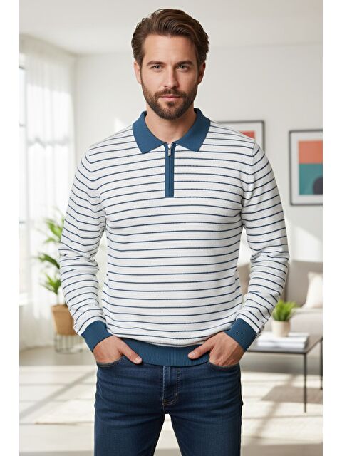 Mishar İtalia Erkek Polo Yaka Yarım Fermuarlı Çizgi Desenli Triko Kazak - S000491490-19966