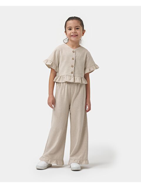 Magu Kız Çocuk Keten Bej Fırfır Detaylı Düğmeli Bol Paça Pantolonlu İkili Takım - S000379733-19928