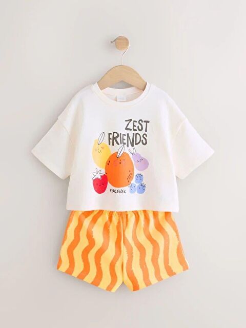 Magu Unisex Çocuk Pamuklu Beyaz Zest Friends Baskılı T-Shirt Ve Turuncu Dalga Desenli Şort Takım - S000379734-23173