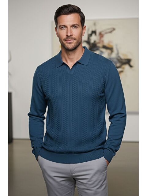 Mishar İtalia Polo Yaka Kendinden Desenli Erkek Triko Kazak - S000491491-20019