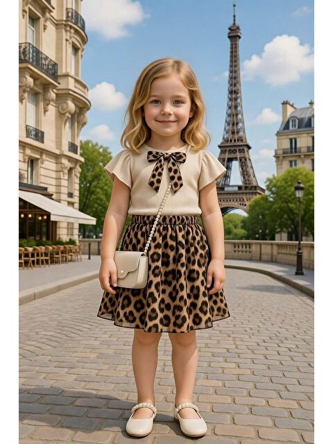 Riccotarz Kız Çocuk Göğsünde Kurdele Detaylı Kısa Kollu Bluz Üzeri Leopar Detaylı Kehribar Etekli Takım - S000527290-19966