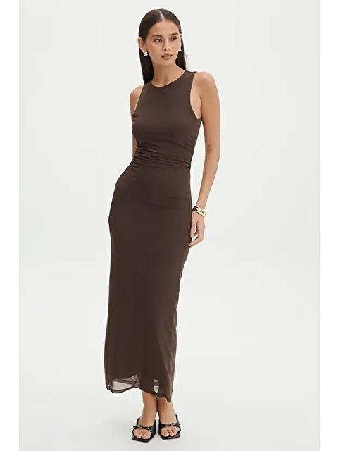 Madmext Kahverengi Desenli File Yüksek Yaka Maxi Elbise Mg2097 - S000206215-19413