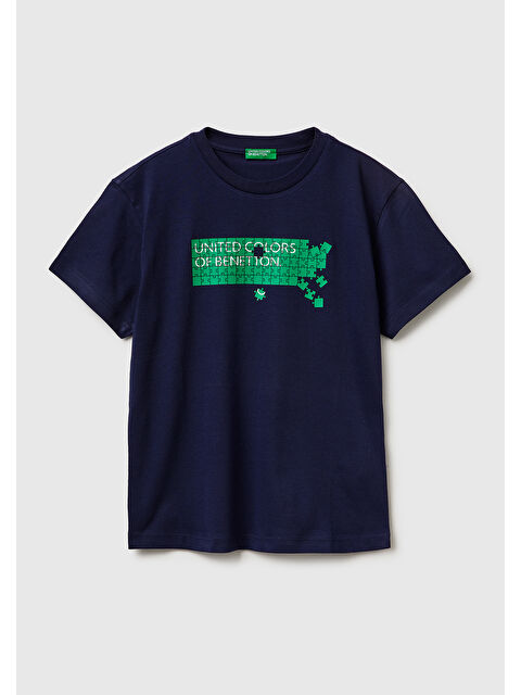 United Colors Of Benetton Erkek Çocuk Lacivert Önü Logo Baskılı Bisiklet Yaka T-Shirt