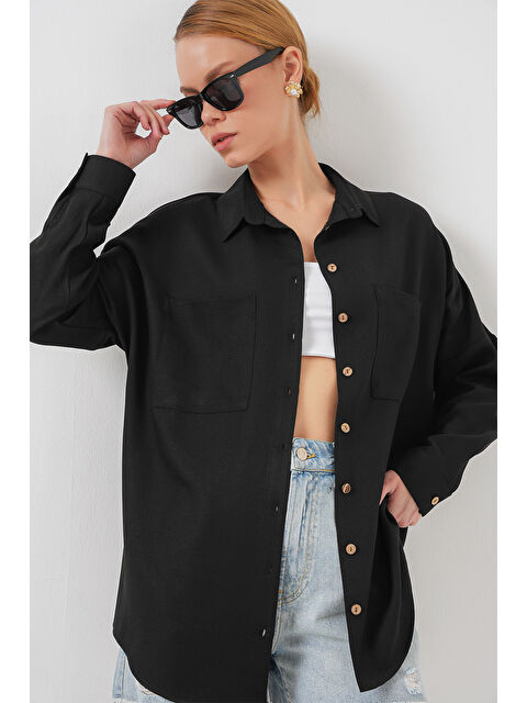 Bigdart 20126 Oversize Keten Gömlek - Siyah - S000089887-19351
