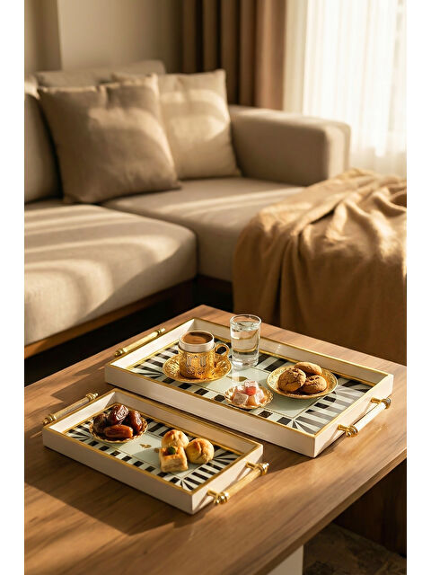 Porsima 4390 2'li Dekoratif Dikdörtgen Servis Tepsi Seti - Çay ve Kahve Kahvaltılık Sunum Tepsisi - S000504524-37246
