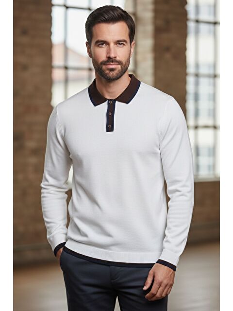 Mishar İtalia Erkek Polo Yaka Yarım Düğmeli Renk Garnili Triko Kazak - S000491492-20063