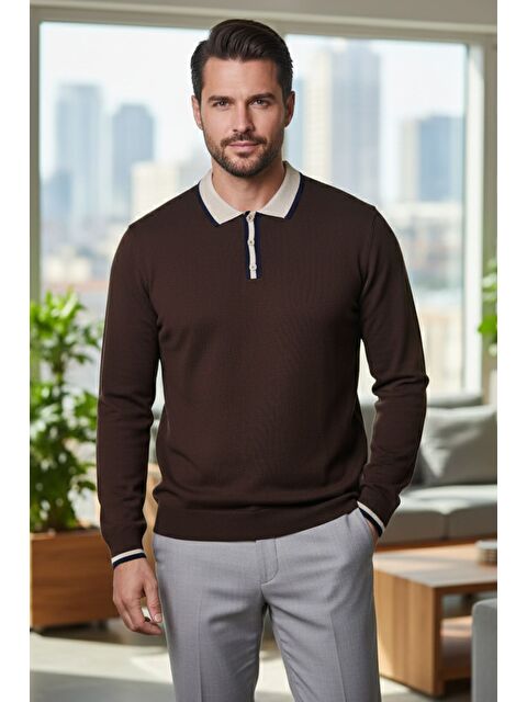 Mishar İtalia Erkek Polo Yaka Yarım Düğmeli Renk Garnili Triko Kazak - S000491492-19413