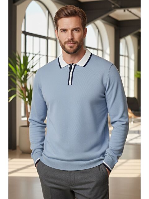 Mishar İtalia Erkek Polo Yaka Yarım Düğmeli Renk Garnili Triko Kazak - S000491492-3642