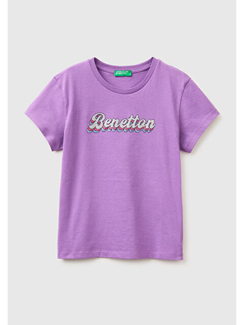 United Colors Of Benetton Kız Çocuk Mor Simli Logolu Bisiklet Yaka T-Shirt