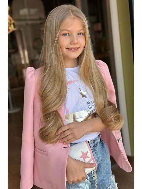 Riccotarz Kız Çocuk Baskılı T-shirt Bol Kesim Yıldız Detaylı Jean Pantolon Pudra Blazer Ceket Alt Üst Takım - S000402279-23490