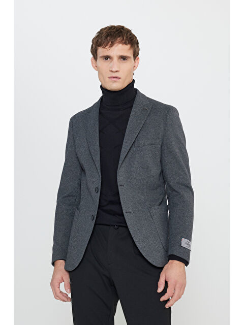 Altınyıldız Classics Erkek Siyah Pamuklu Slim Fit Dar Kesim Kırlangıç Yaka Diagonal Desenli Blazer Ceket - S000403222-19351