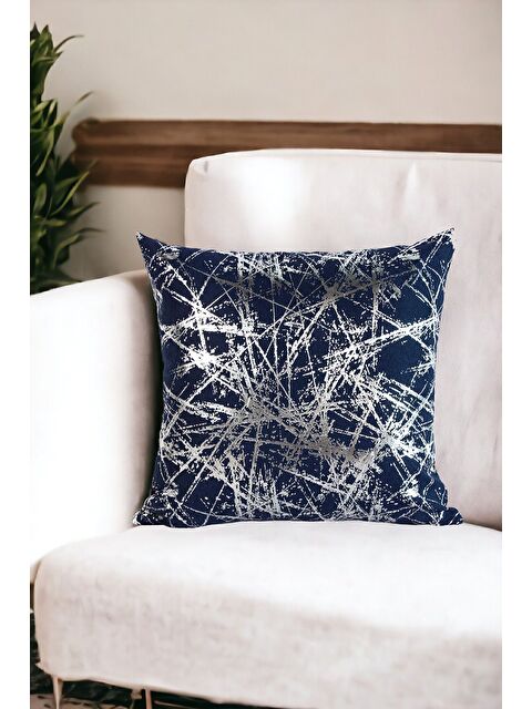 Asdiva Lacivert Gümüş Varak Desenli Kırlent Kılıfı Dekoratif Yumuşak Salon Koltuk - S000350275-18105