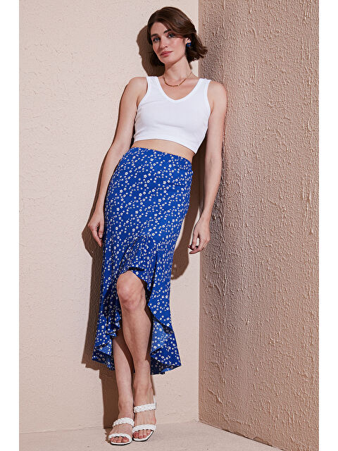 Lela Çiçek Desenli Regular Fit Volanlı Yüksek Bel Midi Boy Yırtmaçlı Etek 5869012 - S000346514-23710
