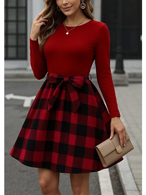 Jane's Kadın Uzun Kollu Bisiklet Yaka üst Viskon Alt Ekose Kısa Elbise