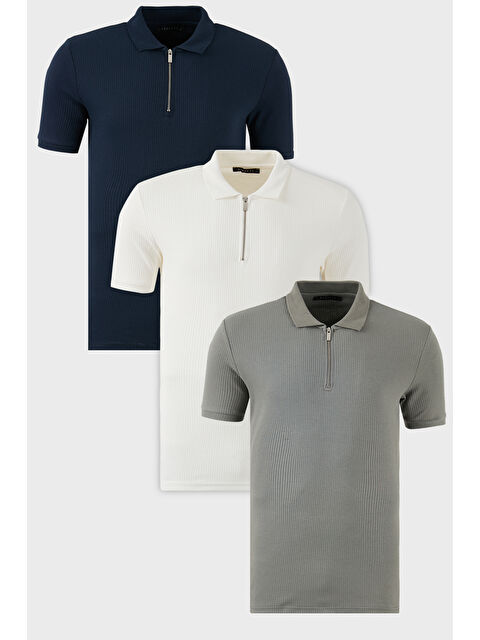 Buratti Pamuklu Regular Fit Yarım Fermuarlı 3'lü Paket Polo Yaka %100 Pamuk Tişört 5902738S3 - S000388453-37303