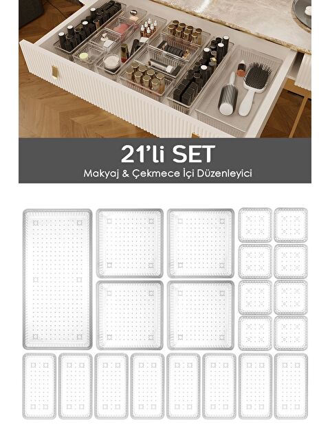 Meleni Home 21li Çekmece İçi Çok Amaçlı Organizer Kozmetik Takı Makyaj Organizeri Dolap İçi Düzenleyici Şeffaf - S000385478-26865