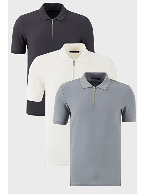 Buratti Pamuklu Regular Fit Yarım Fermuarlı 3'lü Paket Polo Yaka %100 Pamuk Tişört 5902434S3 - S000388451-6413