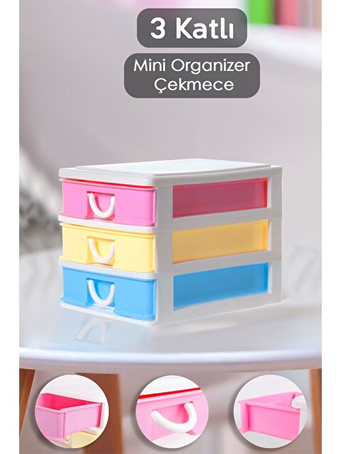 Meleni Home 3 Katlı Çekmeceli Masaüstü Organizer Mini Boy Ofis Düzenleyici Çekmece Aksesuar Takı Kutusu - S000385479-23173