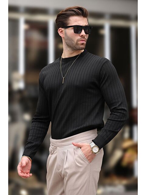 Madmext Siyah Bisiklet Yaka Çizgili Uzun Kollu Kazak E7273 - S000292583-19351