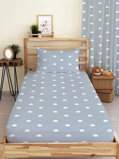 Evmila Bulut Desenli Baskılı Tek Kişilik Ve Bebek Boy Lastikli Çarşaf Seti Mavi - S000291357-23173