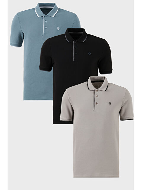 Buratti Pamuklu Slim Fit Şerit Detaylı Düğmeli Polo Yaka 3'lü Paket %100 Pamuk Tişört 5902118S3 - S000387096-6421