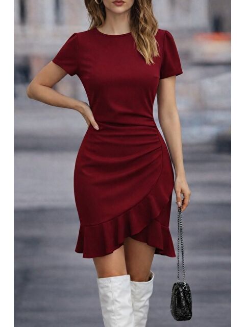 Jane's Kadın Kısa Kollu Bisiklet Yaka önden Volanlı Ithal Krep Elbise