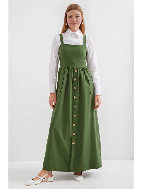 Hazelin Kadın Haki Askılı Düğme Detaylı Cepli Kuşaklı Uzun Elbise HZL24S-BD124901 - S000210737-18547