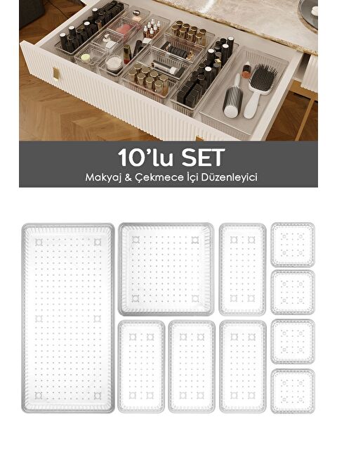 Meleni Home 10'lu Çekmece İçi Çok Amaçlı Organizer Kozmetik Takı Makyaj Organizeri Dolap İçi Düzenleyici Şeffaf - S000385480-26865