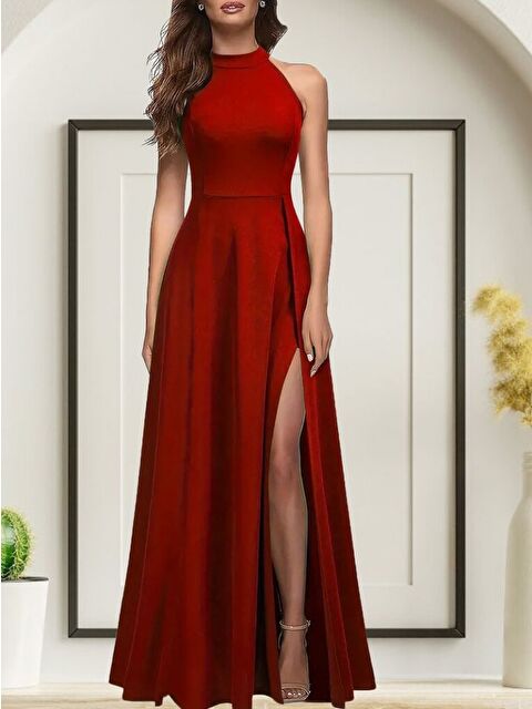 Jane's Kadınhalter Yaka Derin Yırtmaç Detaylı Tam Boy Ithal Krep Abiye Elbise