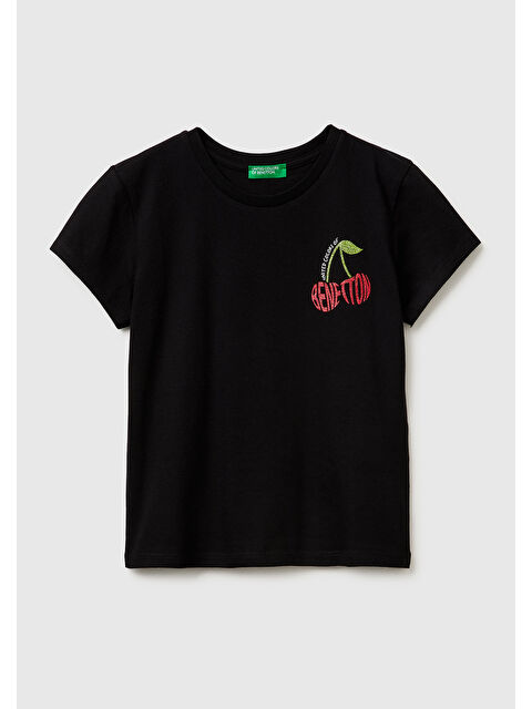 United Colors Of Benetton Kız Çocuk Siyah Simli Logolu Bisiklet Yaka T-Shirt