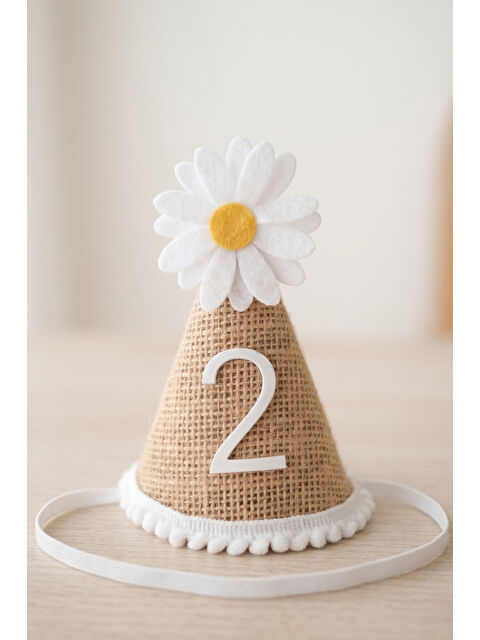 Le Mabelle Bej 2 Yaş Papatya Temalı Hasır Huni Doğum Günü Tacı