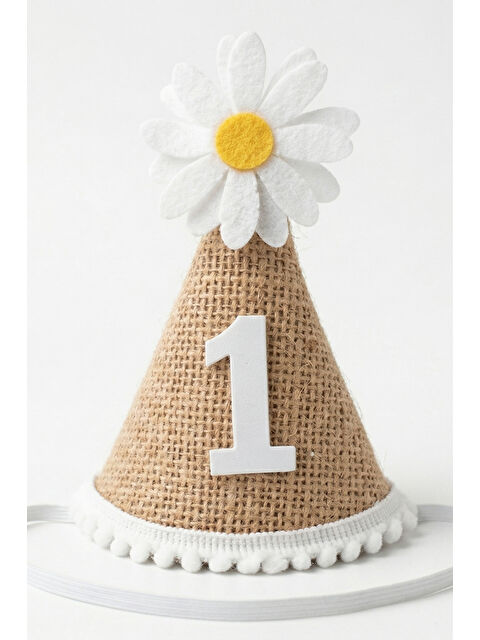 Le Mabelle Bej 1 Yaş Papatya Temalı Hasır Huni Doğum Günü Tacı