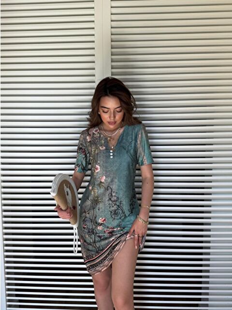 Jane's Kadın Kısa Kollu V Yakalı çiçek Baskılı Midi Süprem Elbise