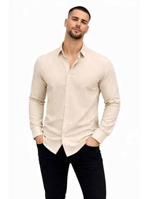 Jane's Erkek Keten Kumaş Uzun Kollu Rahat Kalıp Gömlek