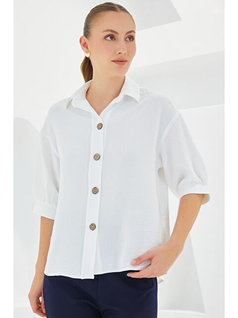 Bigdart Kadın Beyaz Kısa Kol Oversize Keten Gömlek 20240 - S000173575-20063