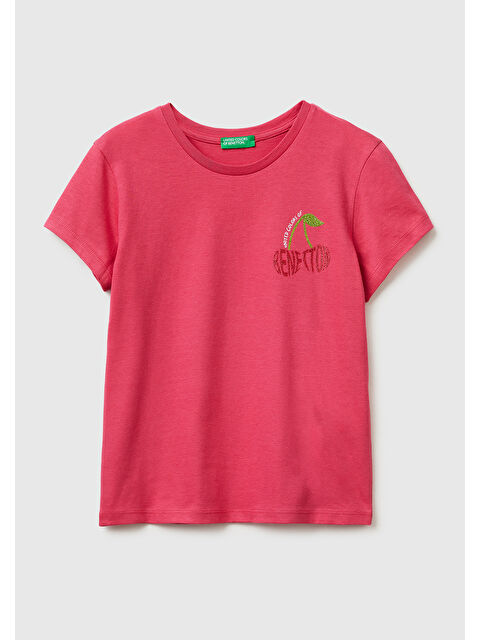 United Colors Of Benetton Kız Çocuk Koyu Pembe Simli Logolu Bisiklet Yaka T-Shirt