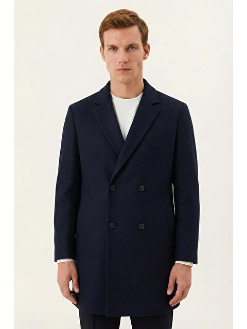 Sabri Özel Giotelli Lacivert Regular Fit Mono Yaka Yün Karışımlı Erkek Kaşe Kaban - S000524424-21164