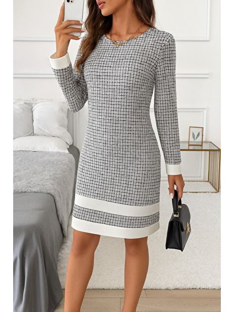 Jane's Kadın Uzun Kollu Yuvarlak Yaka Etek Ucu şerit Detaylı Mini Dokuma Elbise