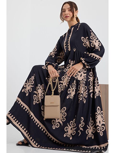 Bigdart 2423 Otantik Desenli Tesettür Elbise - N. Siyah - S000089420-3460
