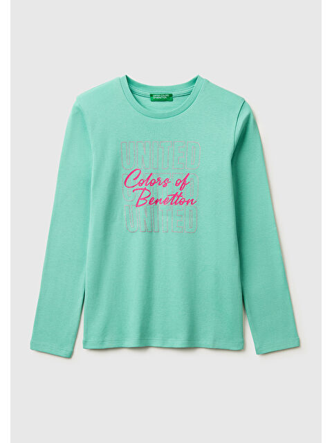 United Colors Of Benetton Kız Çocuk Mint Simli Logo Detaylı Bisiklet Yaka Uzun Kollu T-Shirt