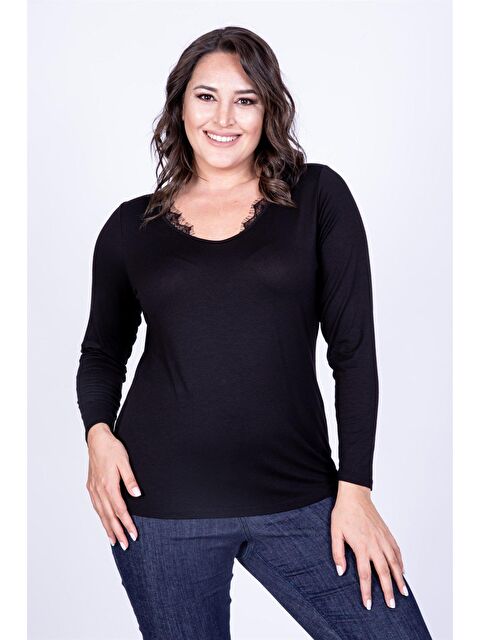 Mylinemoda Dantel V Yaka Tişört - S000239199-19351