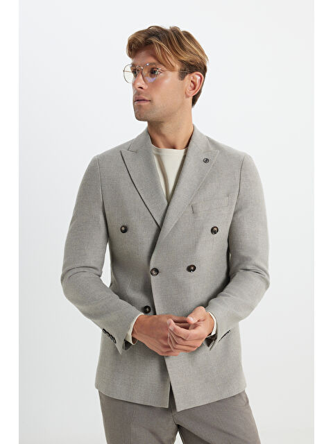 Altınyıldız Classics Erkek Vizon Yünlü Slim Fit Dar Kesim Kırlangıç Yaka Kapak Cepli Blazer Ceket