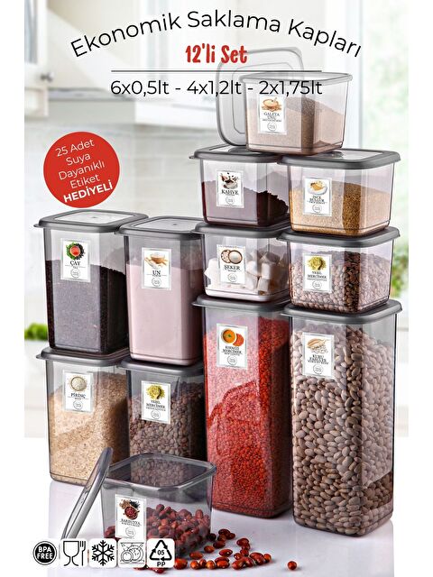 Nandy Home Etiketli 12'li Antrasit Ekonomik Kırılmaz Saklama Kabı Seti 6x0,5/4x1,2/2x1,75 Lt. - S000401154-29666
