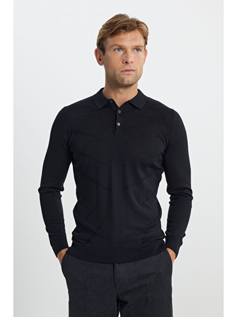Altınyıldız Classics Erkek Siyah Sıcak Tutan Yün Standart Fit Normal Kesim Polo Yaka Jakarlı Triko Kazak - S000402931-19351