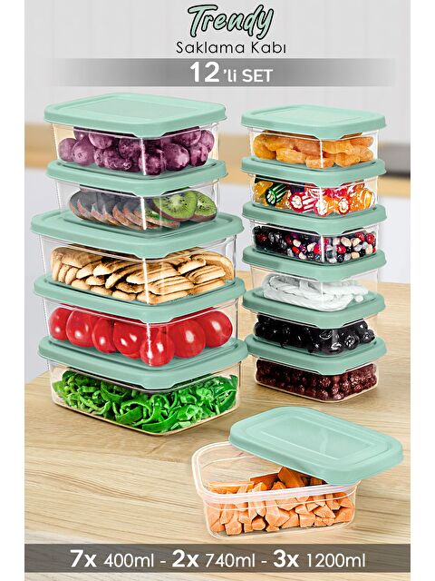 Meleni Home 12li Dikdörtgen Erzak Saklama Kabı Seti Mikrodalgaya Uygun Düzenleyici Organizer Erzak Kabı Yeşil - S000385063-18194