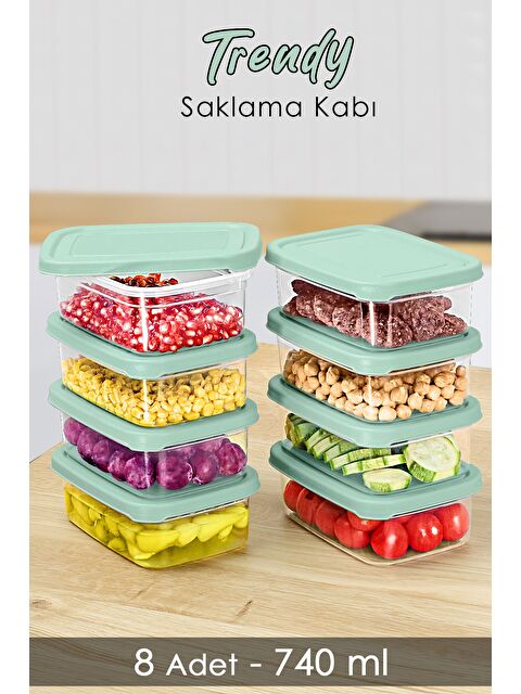 Meleni Home 8 Adet Dikdörtgen Erzak Saklama Kabı Mikrodalgaya Uygun Düzenleyici Organizer 740ml Yeşil - S000385066-18194