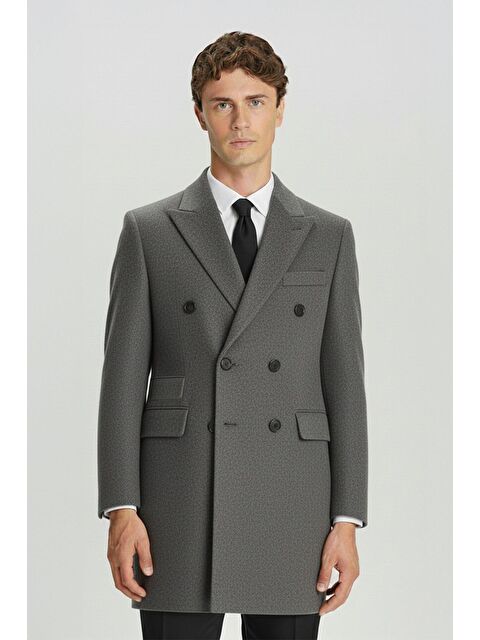 Sabri Özel Giotelli Antrasit Slim Fit Yün Karışımlı Sivri Yaka Kruvaze 6 Drop Orta Boy Erkek Palto - S000524428-33408