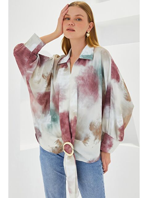 Bigdart Kadın Gül Kurusu Ekru Oversize Dökümlü Saten Gömlek 907 - S000173577-20028